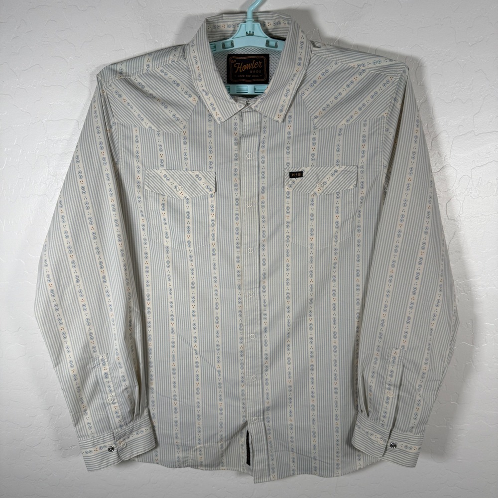 Howler Bros H-Bar-B Tech Shirt Mens XL White Blue Western Snap Striped Outdoor